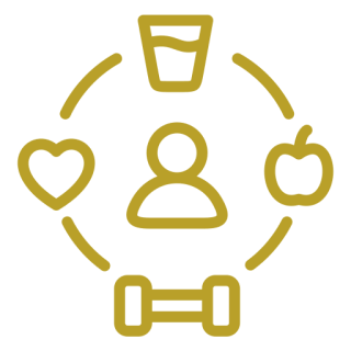 Healthy lifestyle icons: heart, apple, dumbbell, water.