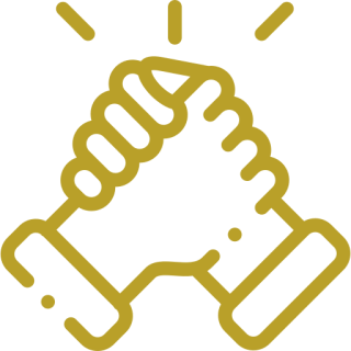 Handshake icon with yellow outline, black background.