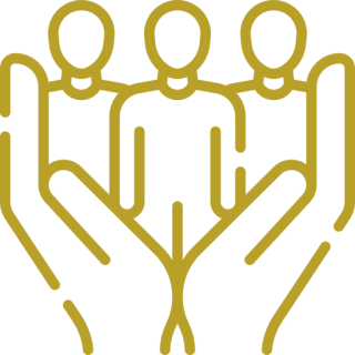 Hands holding three stylized human figures.